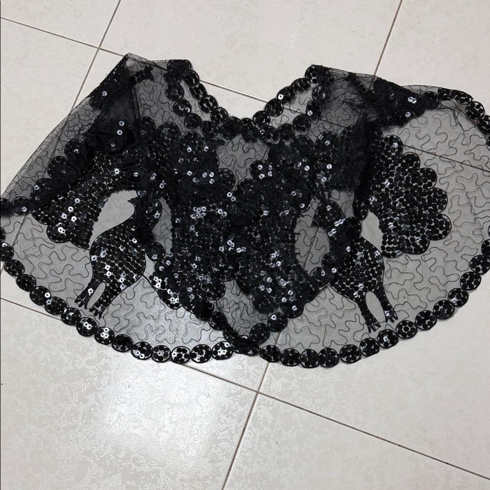 Black Sequin Mesh Capelet